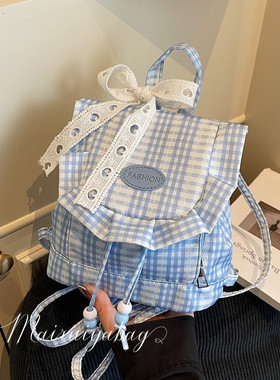 韩系蓝色蕾丝格子双肩包女2025新款甜美荷叶边背包学院风通勤书包