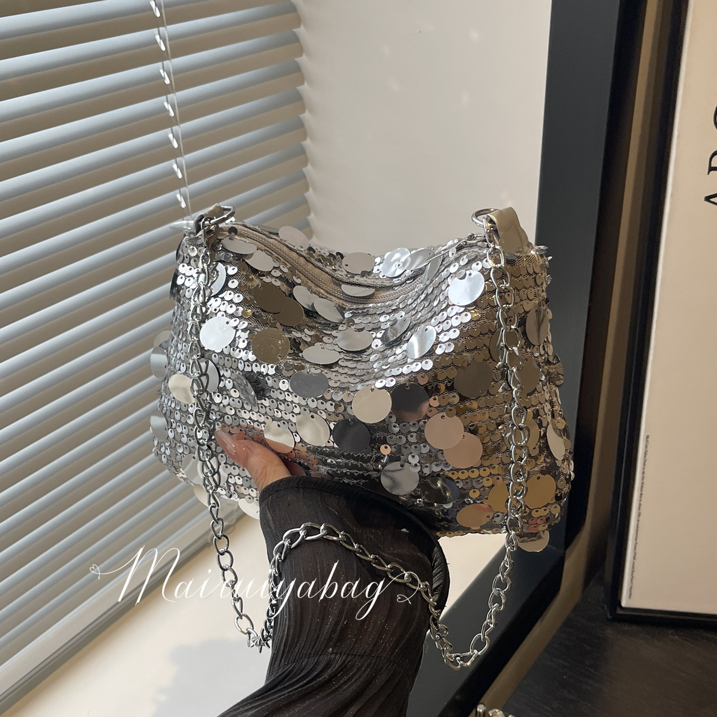 潮酷亮片百搭休闲链条水桶晚宴包