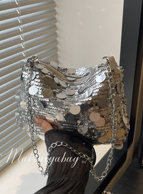 潮酷亮片包包女2025新款潮时尚小众腋下包百搭休闲链条水桶晚宴包