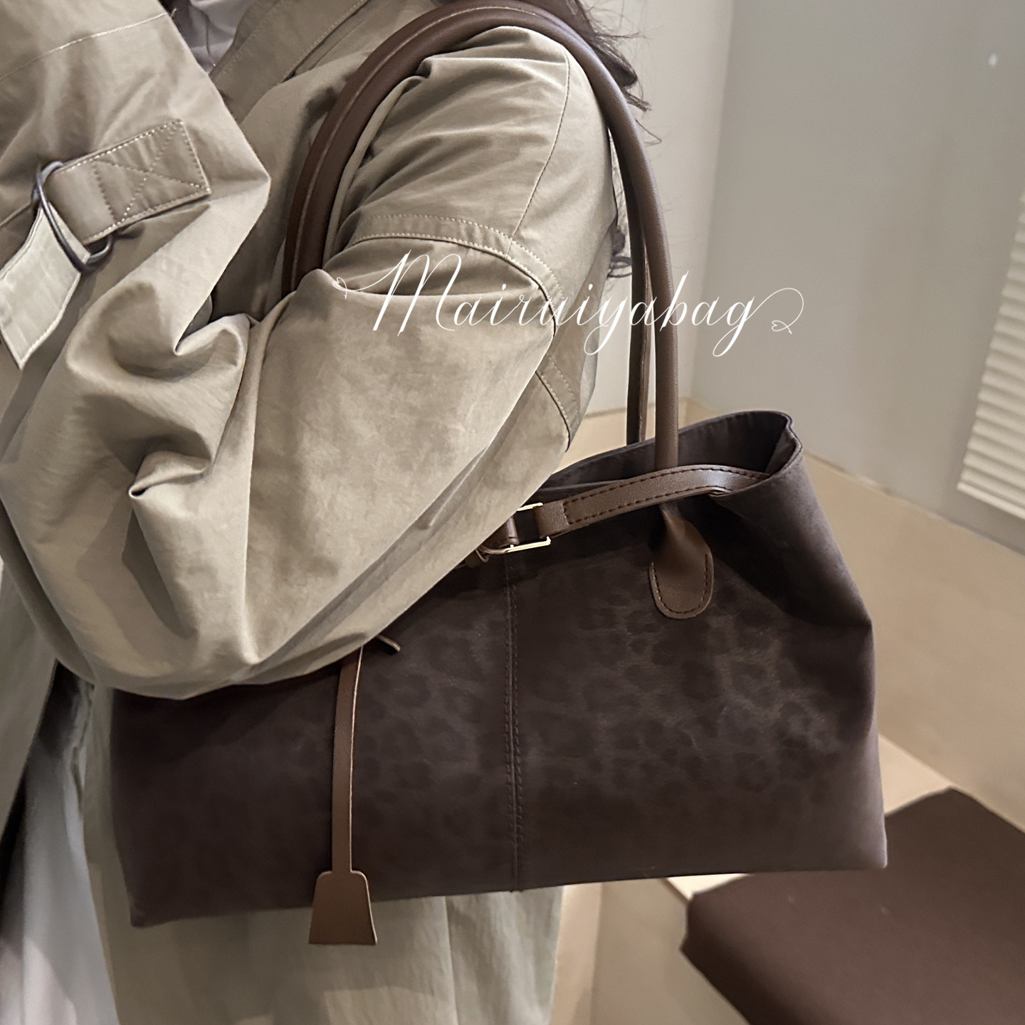 休闲大容量豹纹美拉德通勤托特包