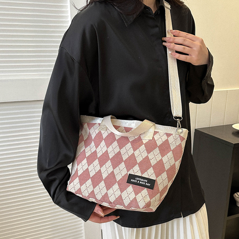 麦瑞雅学生菱格子帆布通勤托特包