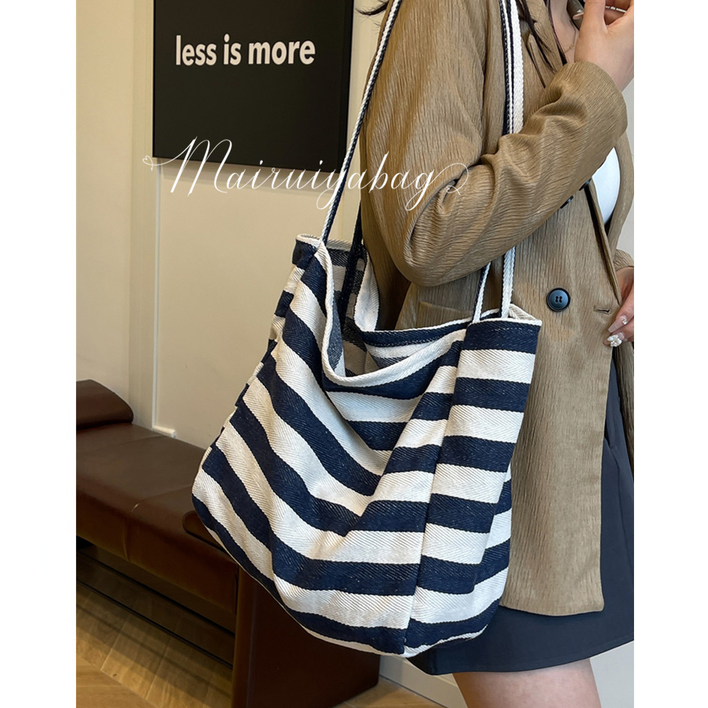 韩国ins文艺撞色条纹帆布包托特包大容量单肩包慵懒风购物袋大包