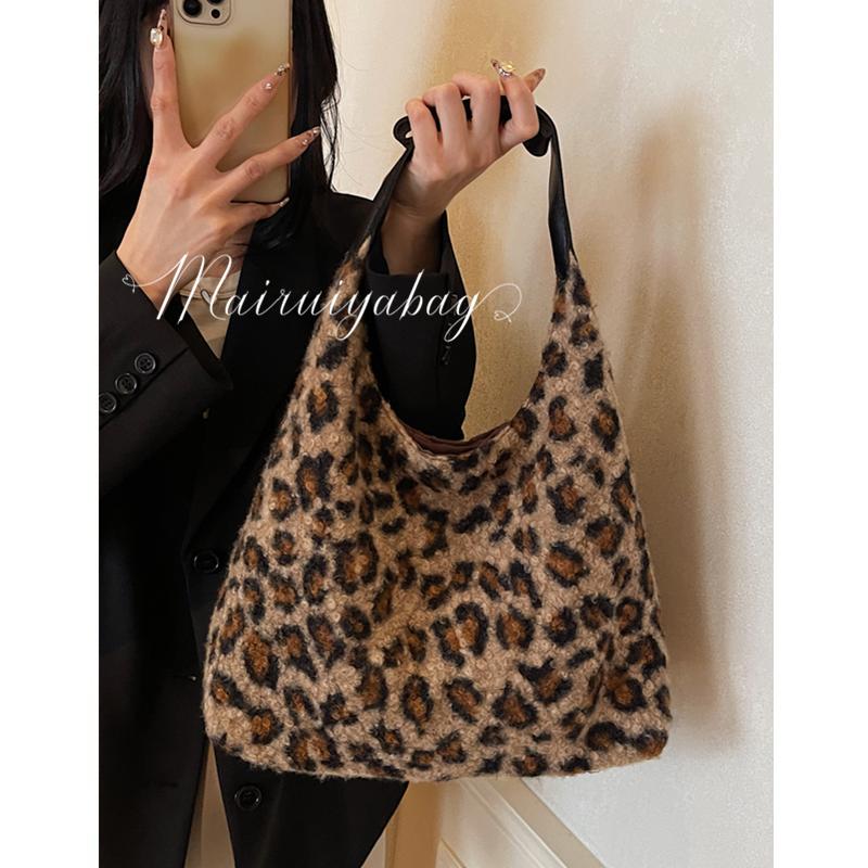 麦瑞雅小众豹纹毛绒大容量托特包