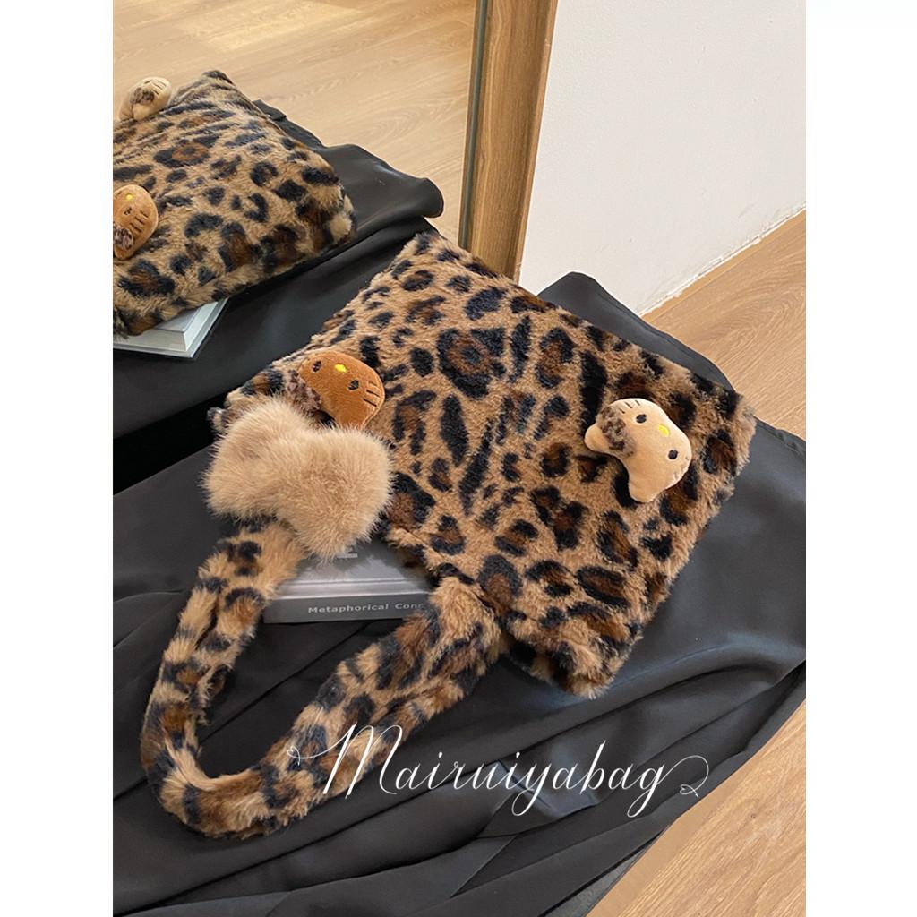 麦瑞雅毛绒豹纹蝴蝶结可爱托特包