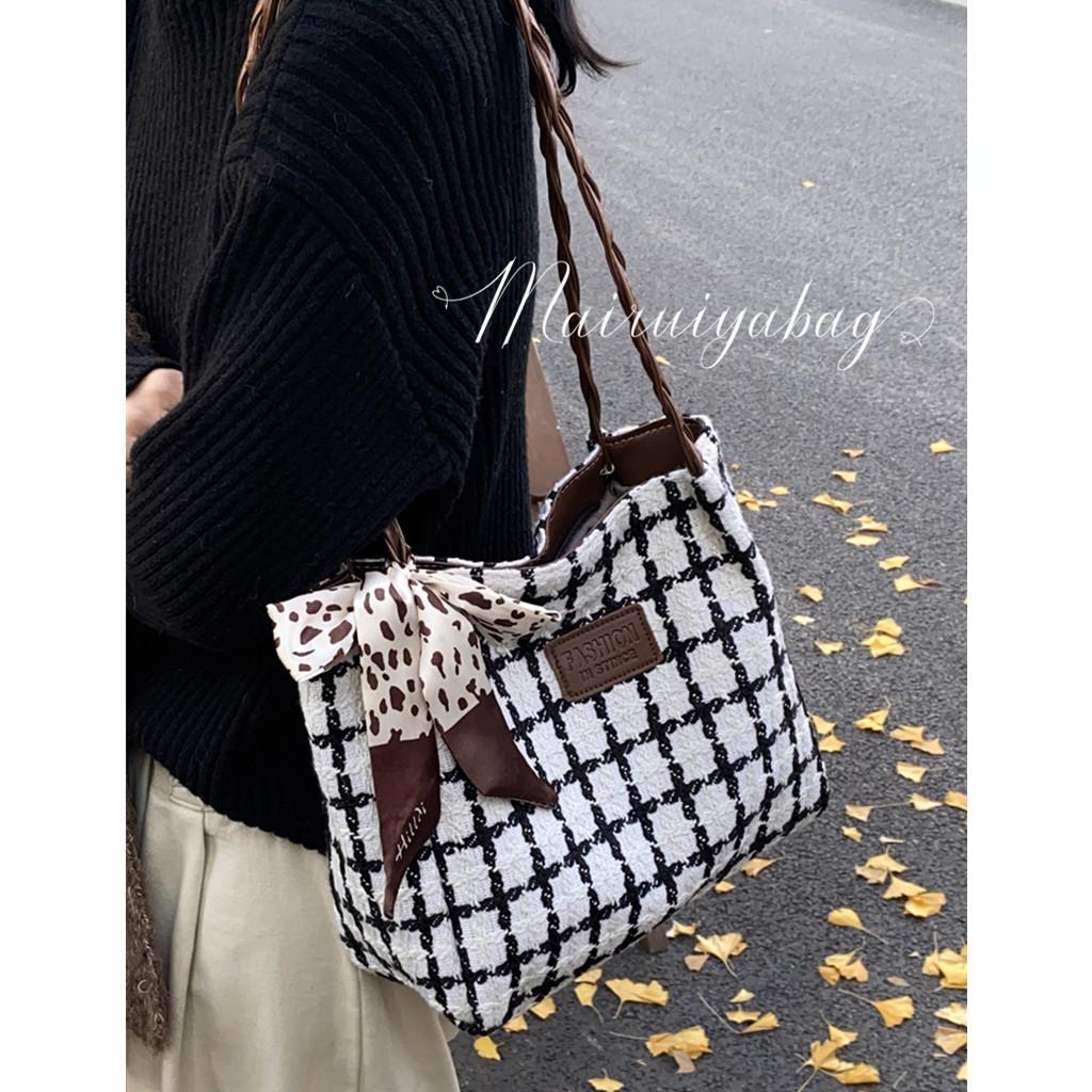 麦瑞雅大容量棋盘格毛呢托特包