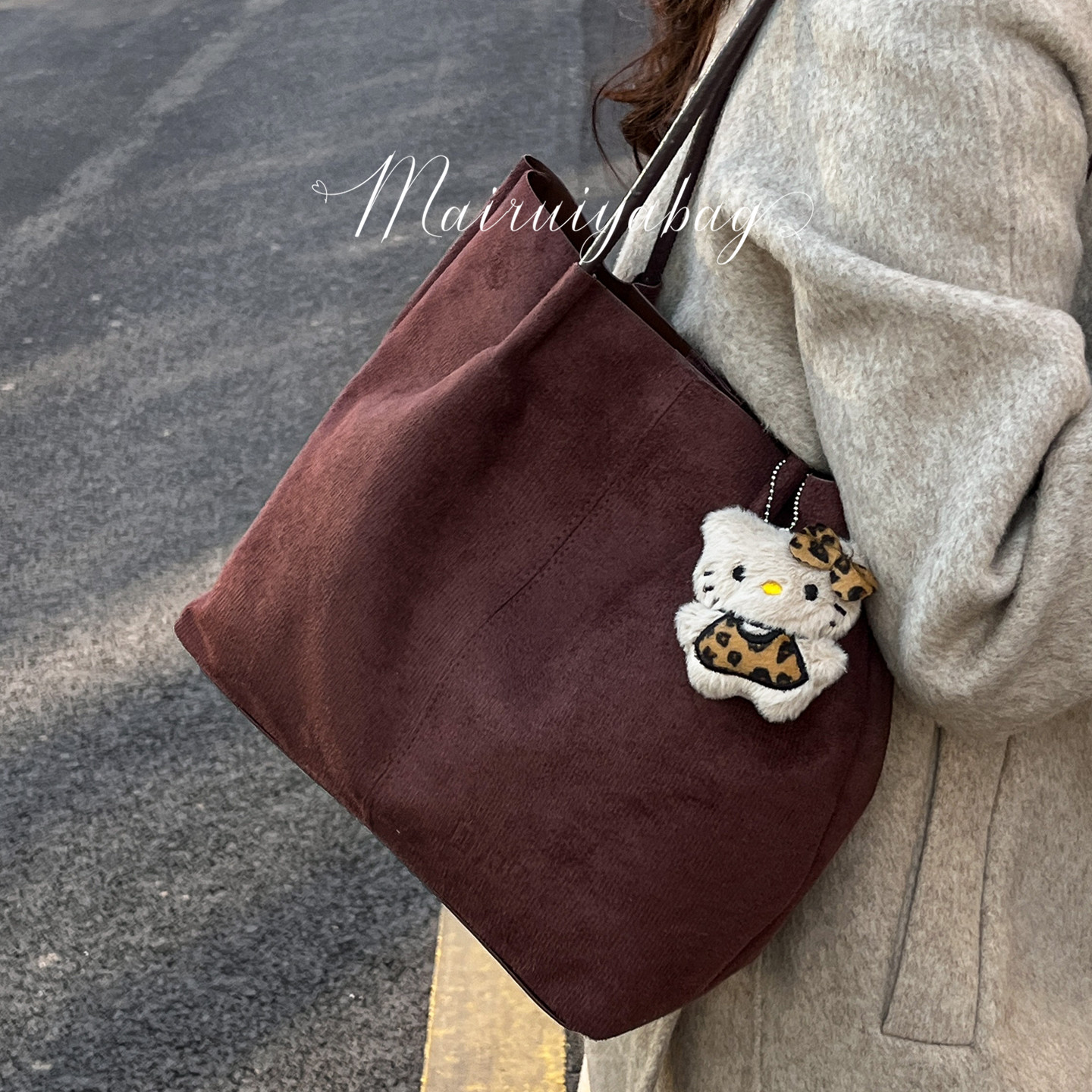 复古麂皮绒单肩通勤水桶托特包