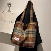 秋冬大容量包包女2023新款 潮百搭格纹帆布包时尚 单肩包通勤托特包