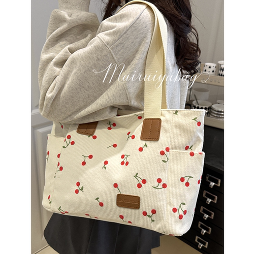 大容量樱桃帆布通勤灯芯绒托特包