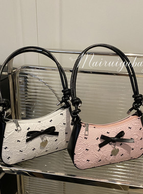 韩系甜美泡泡纱蝴蝶结腋下包包女高级感黑粉撞色单肩斜挎包通勤包