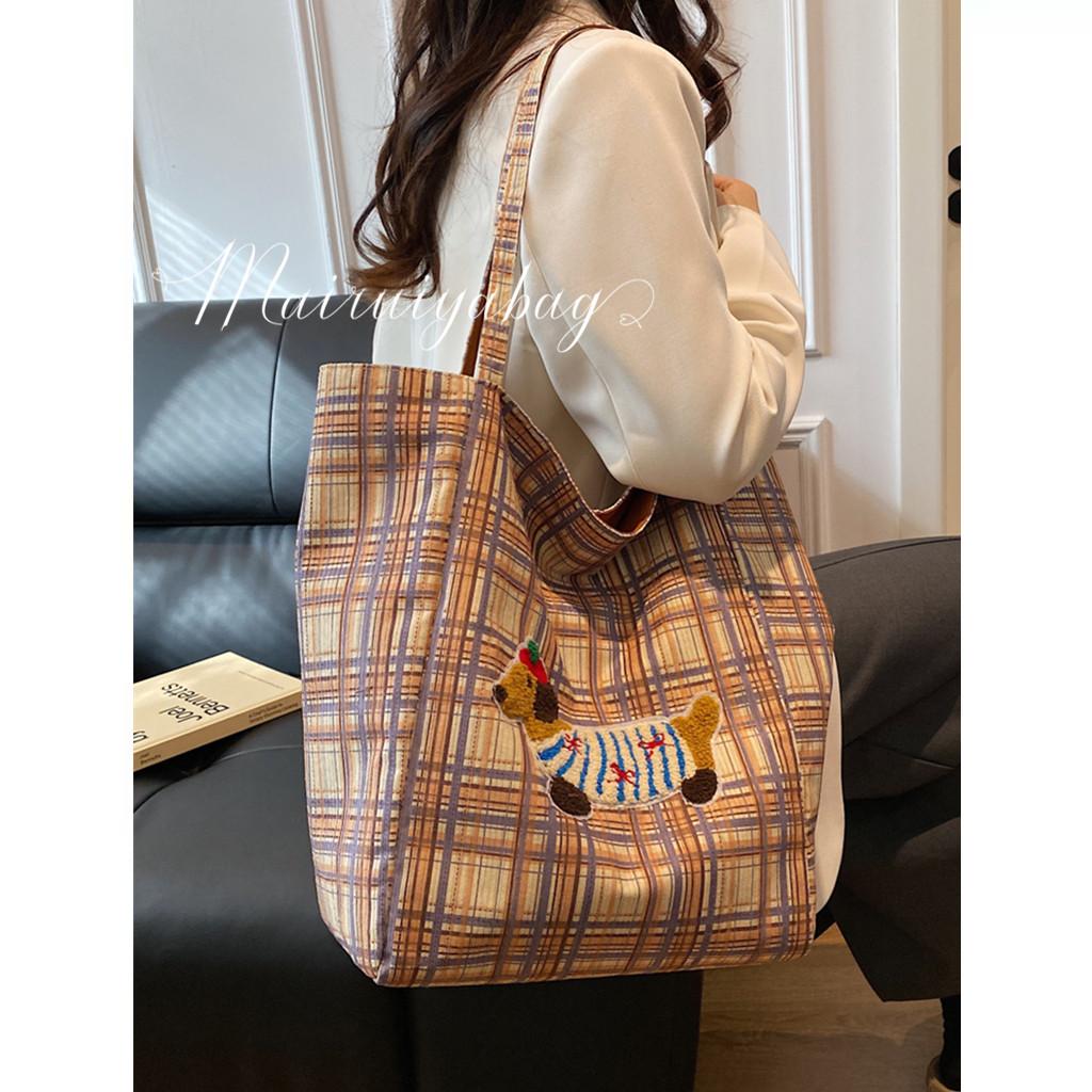 麦瑞雅腊肠狗帆布格子学生托特包