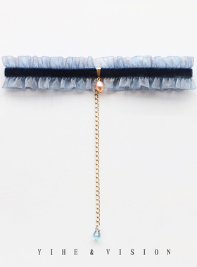 YIHE  法式优雅冷调静谧蓝丝绒珍珠choker气质少女礼物颈带