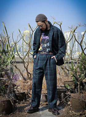 Taters and Rys美式复古Ivy学院风格纹羊毛呢休闲阔版宽松西裤