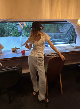 xiuxiustudio自主宽松植绒印花简单灰色纯棉直筒长裤休闲裤阔腿裤