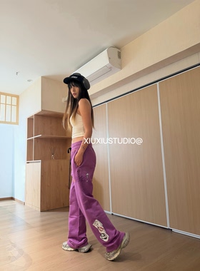 xiuxiu美潮matty boy复古字母涂鸦印花紫色卫裤宽松休闲直筒裤潮