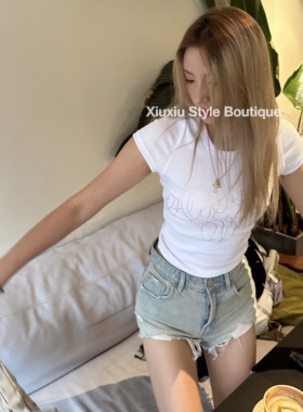 Xiuxiustudio高弹力烫钻白色短袖T恤女夏季辣妹修身显瘦短款上衣