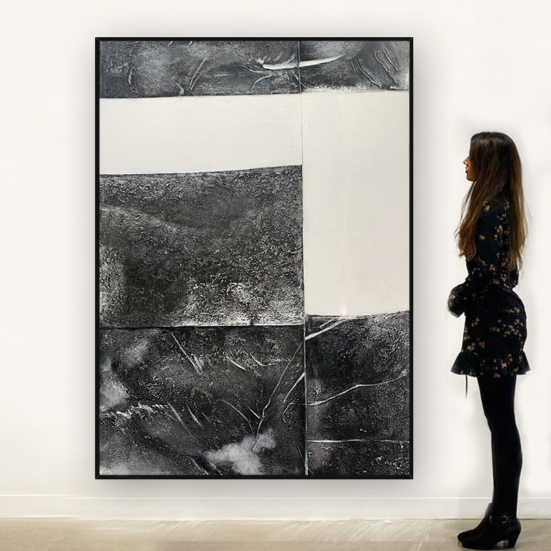 notareart手绘油画《石纹》玄关背景墙黑白抽象画装饰画客厅挂画