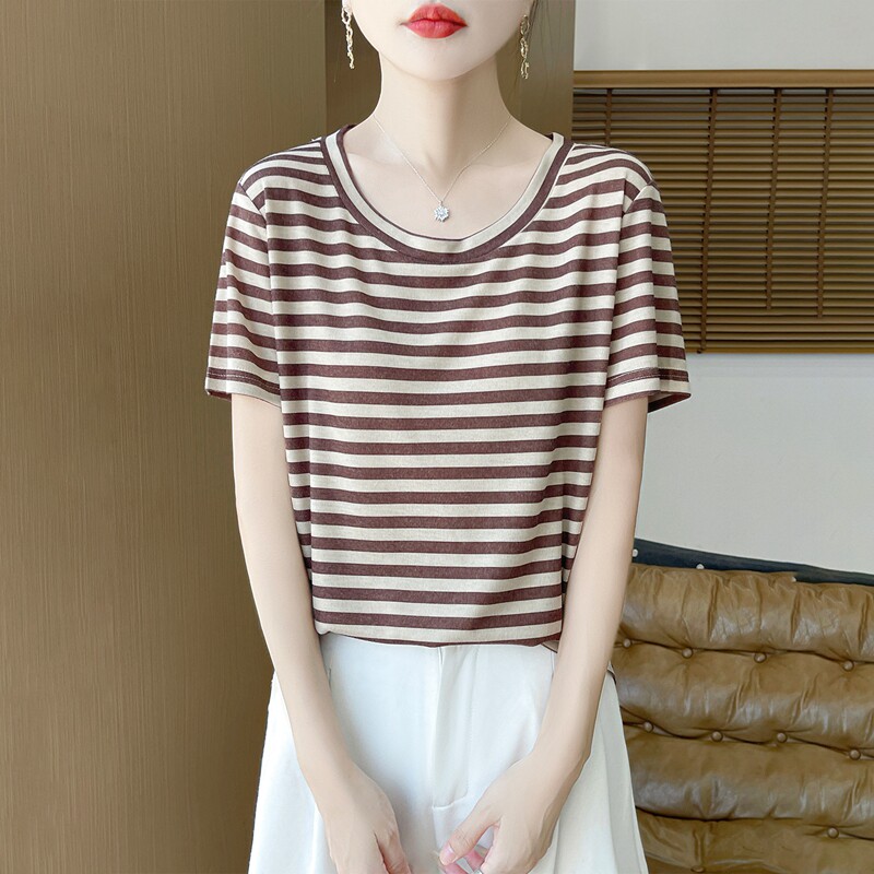 新款正品圆领条纹短袖显瘦T恤针织衫薄款背心女士半袖打底衫减龄