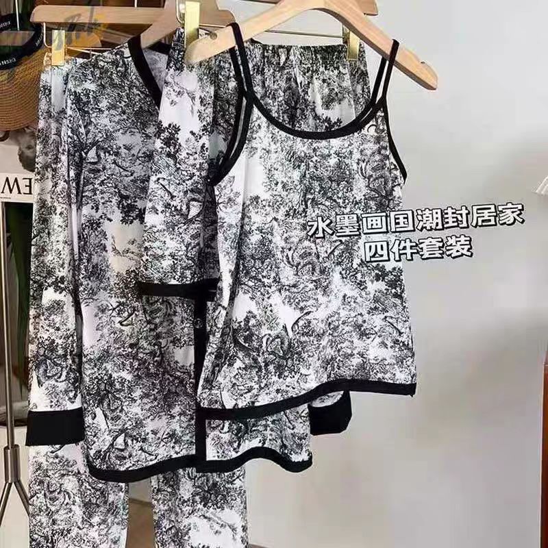 国潮风水墨画冰丝居家服四件套女夏新款时尚印花睡衣套装