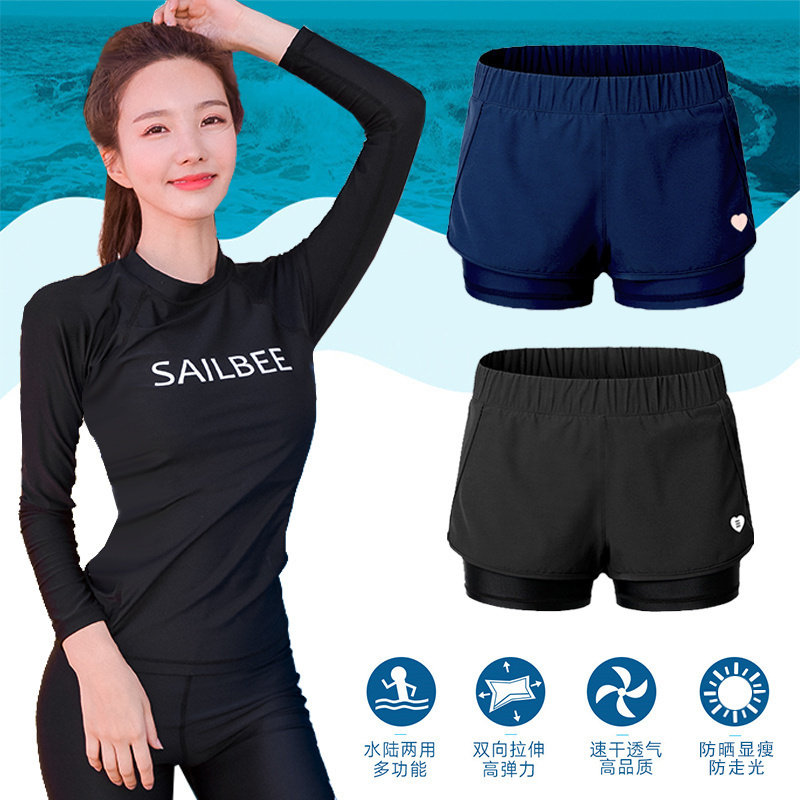 游泳衣女四角裤保守显瘦温泉泳装防走光泳裤浮潜衣潜水服假两短裤