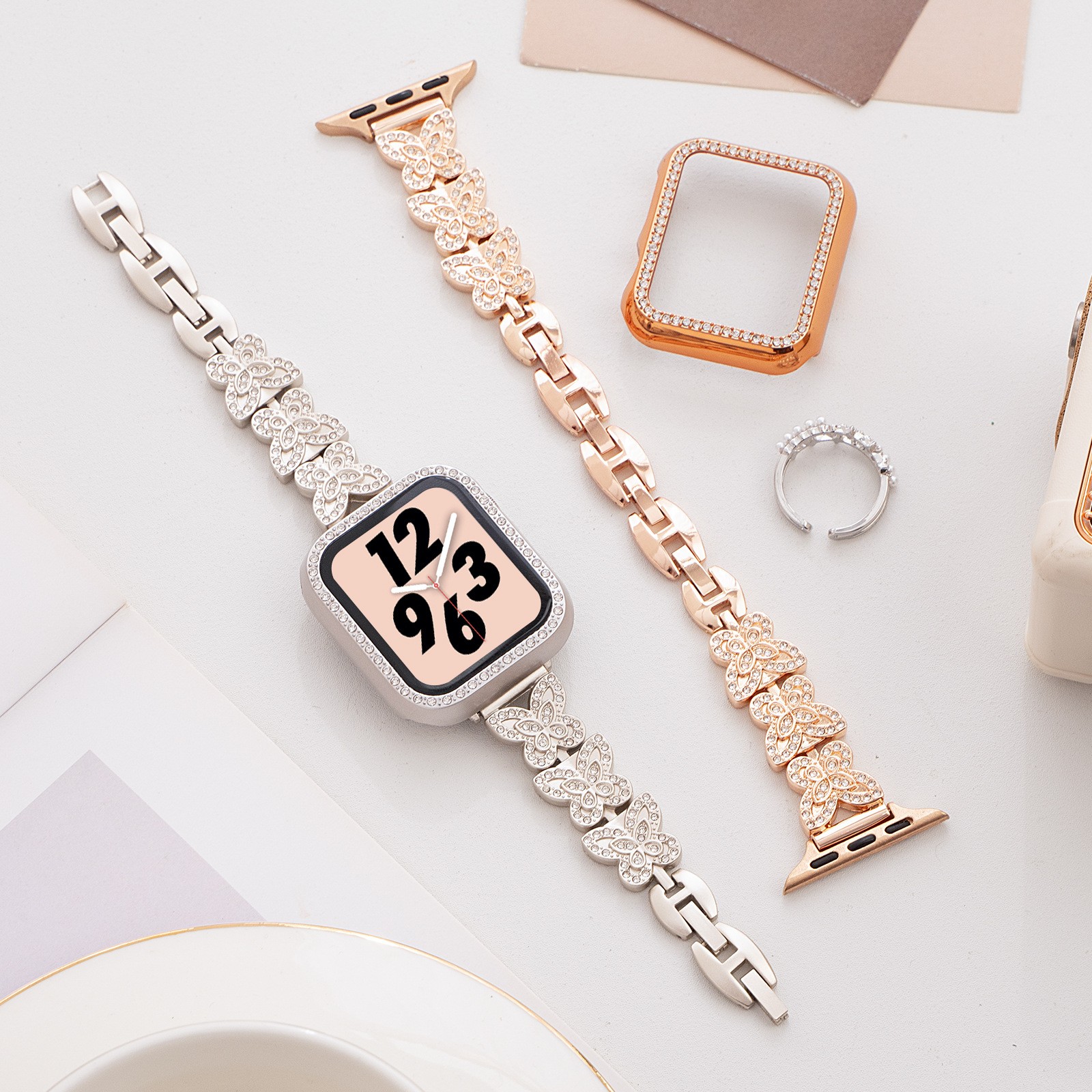 适用苹果iwatch10表带蝴蝶钻石金属链条apple watchs89女款手表带
