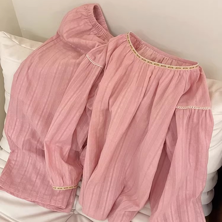 韩系ins风粉色圆领套头长袖睡衣女春秋季蕾丝花边甜美家居服套装