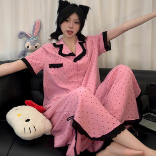 少女ins睡衣女夏季 波点蕾丝花边短袖 韩版 薄款 家居服 长裤 2025新款