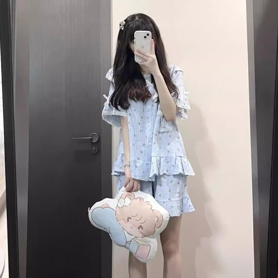 可爱小个子碎花印花睡衣女夏款甜美小众蝴蝶结短袖家居服套装夏季