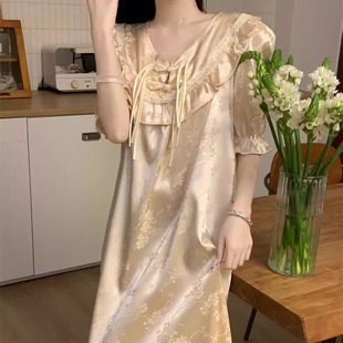 长裙家居服可外穿国风睡衣 新中式 睡裙女2025新款 夏季 薄宫廷风短袖
