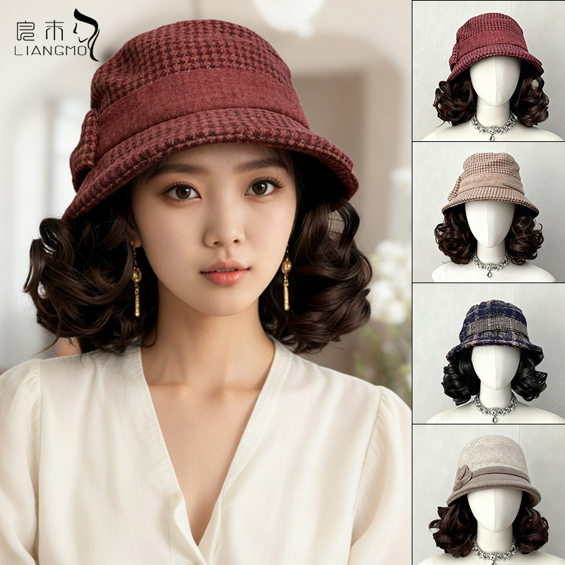 千鸟格八角帽短卷发保暖时尚