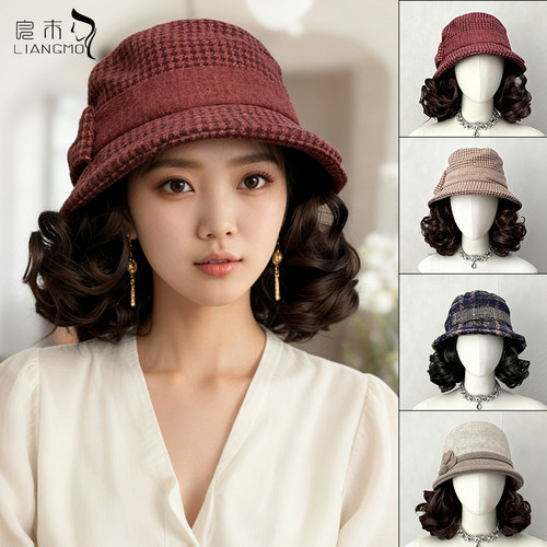 千鸟格八角帽短卷发保暖时尚