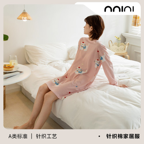 Minimal猫咪物语｜A类超柔弹力春秋针织棉长袖睡裙睡衣纯棉家居服