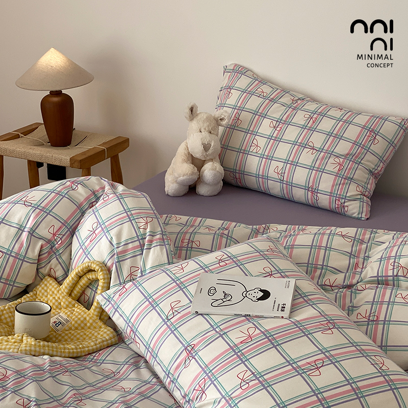 Minimal淡紫格纹蝴蝶结| 彩色治愈A类针织棉全棉亲肤三件四件床单