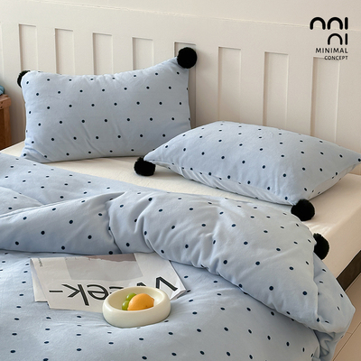 Minimal baby蓝|毛球ins风简约波点盐系温馨女加厚牛奶绒四件套