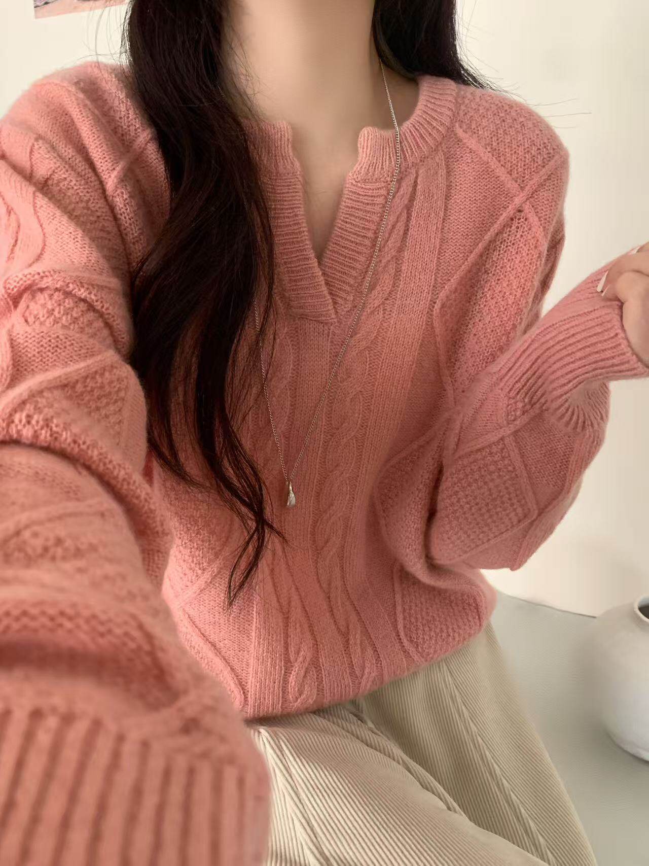 2025秋冬新款韩版宽松显瘦圆领套头毛衣女百搭针织衫全羊毛上衣潮