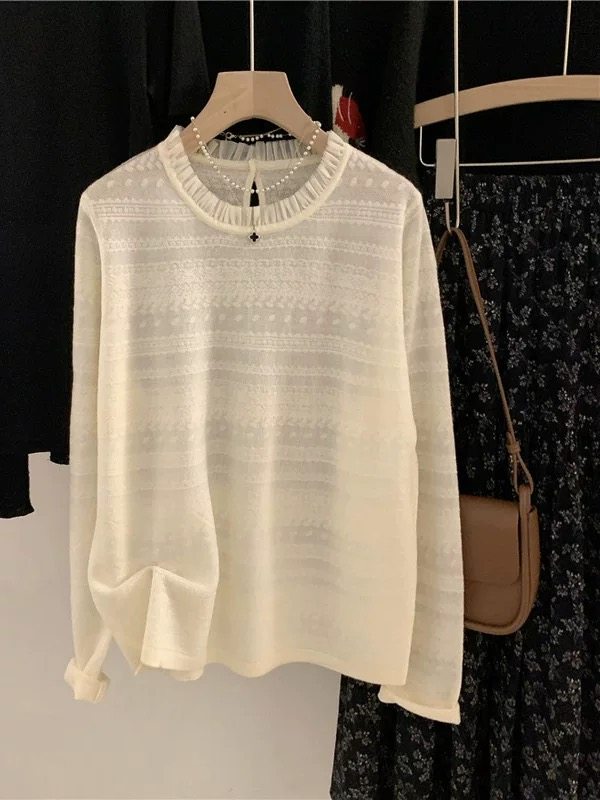 韩国订单秋季新款宽松显瘦百搭木耳边圆领长袖蕾丝衫女上衣打底衫