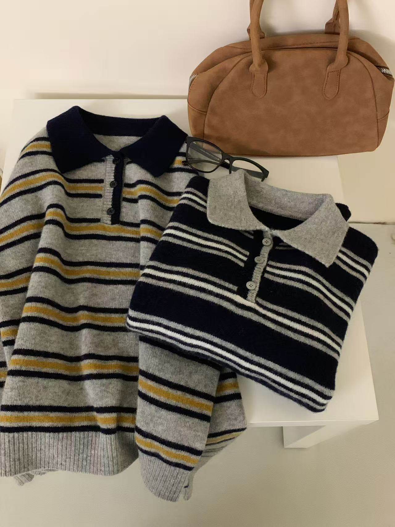 全羊毛韩系复古撞色条纹翻领毛衣女2025春季新款慵懒宽松百搭上衣