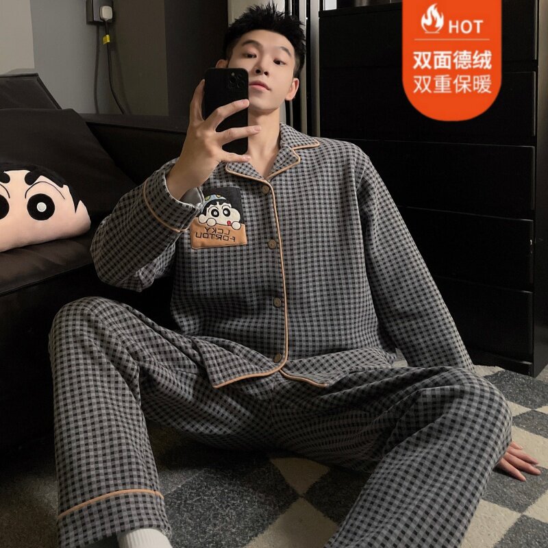 双面德绒睡衣男士薄绒秋冬季加厚加绒青少年保暖蓄热套装家居服