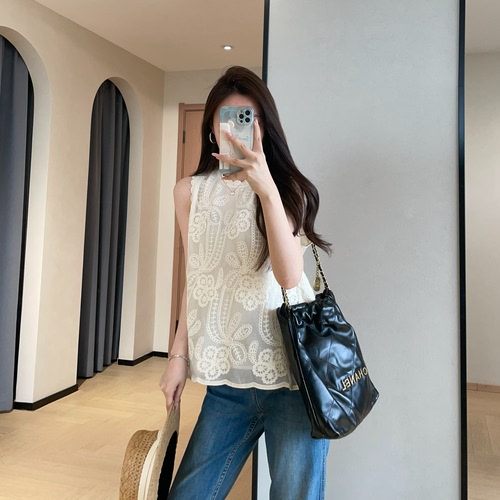 高级感立体钩花无袖蕾丝上衣背心