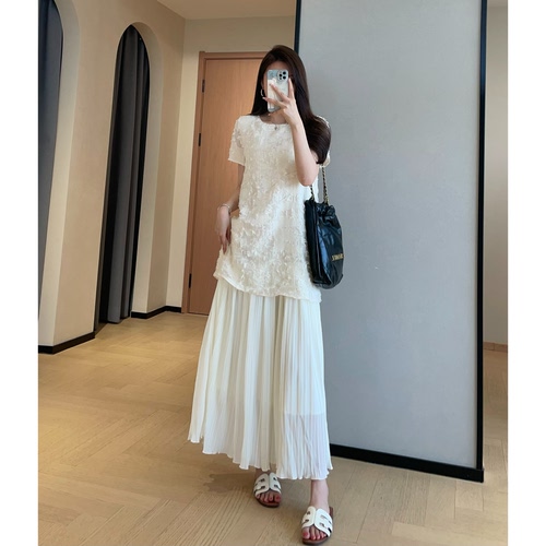 WTHEONE氛围感天丝抓花缎感压褶假两件长款短袖连衣裙女2026新款