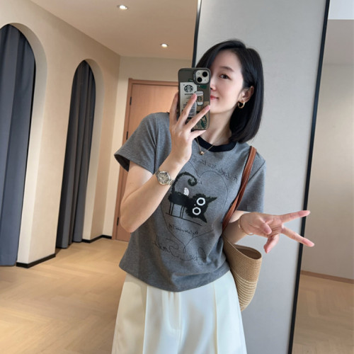 WTHEONE少女感可爱猫咪印花上衣亲肤透气正肩修身显瘦短款短袖T恤