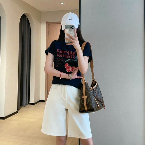 WTHEONE美式复古做旧字母樱桃印花小个子短款正肩短袖T恤女2026夏