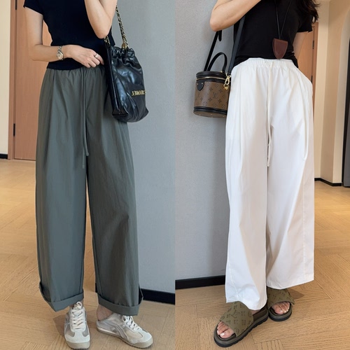 WTHEONE夏季神裤凉感防晒轻薄弹力微弧阔腿裤松紧腰九分休闲裤女