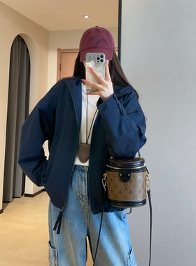 高品质休闲酷飒防风利落蝙蝠袖藏青色连帽夹克外套女2026秋冬新款