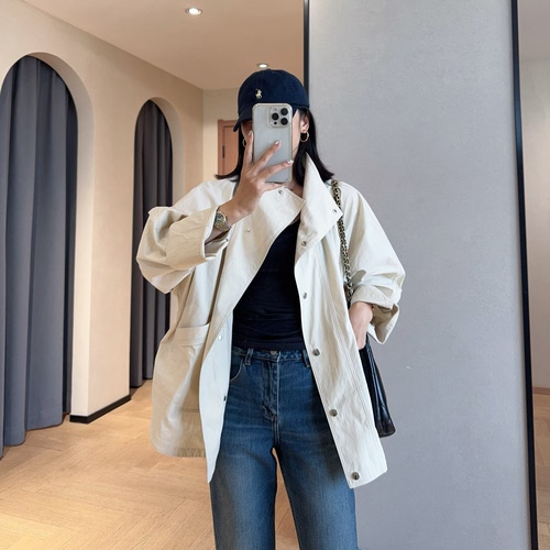 WTHEONE时髦利落竖领防风宽松藏肉蝙蝠袖短款风衣外套女薄2025秋
