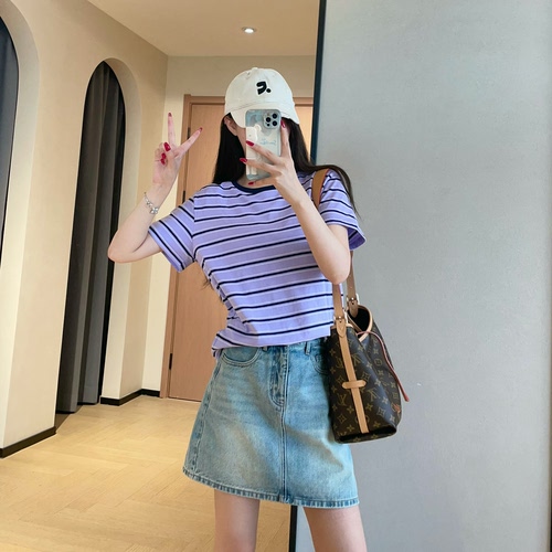 WTHEONE韩系慵懒风显白减龄紫条纹宽松显瘦休闲短袖T恤女2026新款