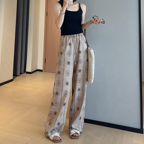 WTHEONE度假风复古时髦几何花卉印花裤高腰显瘦直筒阔腿裤女夏新