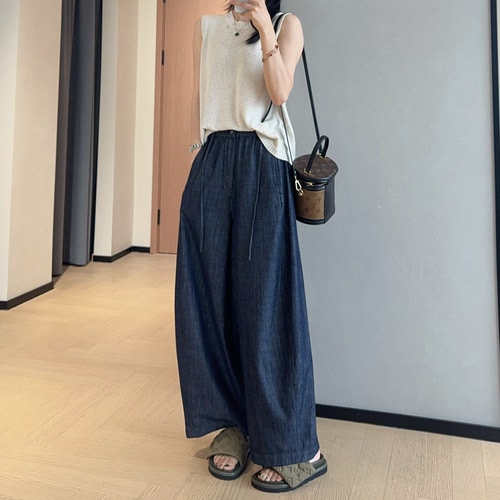 老钱风高级水洗亚麻牛仔阔腿裤