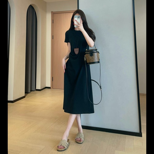 WTHEONE设计感小众捏褶收腰T恤裙显瘦中长款短袖连衣裙女2026新款
