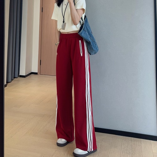 WTHEONE时髦复古校服裤撞色条纹莫代尔窄版阔腿裤女可束脚休闲裤