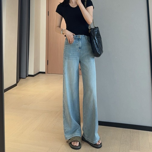 bling高烫钻高腰牛仔直筒阔腿裤